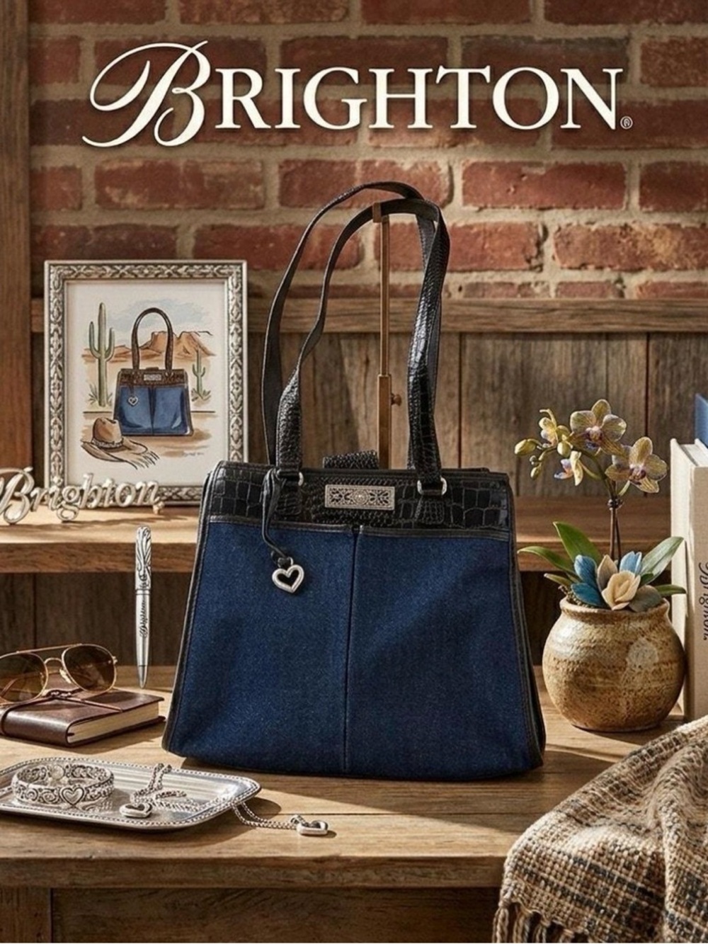 Brighton💙 “Lindsay “ Dark Blue Denim!Black Croc/Leather Tote & Wallet- Vintage - Picture 3 of 13